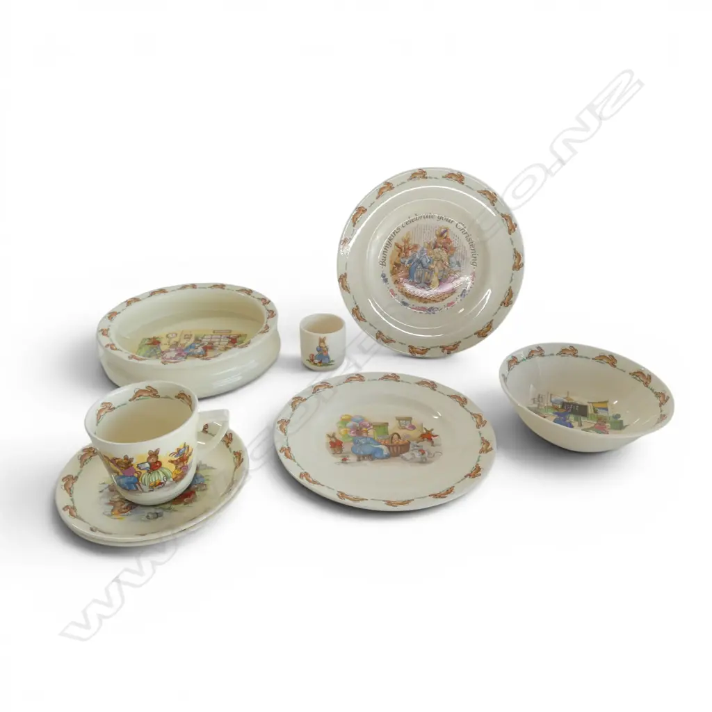 8 PCS ASST. ROYAL DOULTON BUNNYKINS; LRG BOWL repaired, BOWL, 2 SAUCERS, CUP/EGGCUP, 2 PLATES Image 1++