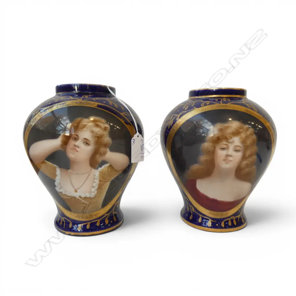 PR ANTIQUE AUSTRIAN VASES w. HAND PAINTED PORTRAITS SIGNED FERD, 'INNOCENCE' & 'COQUETTE' VERSO H.185mm Image 1++