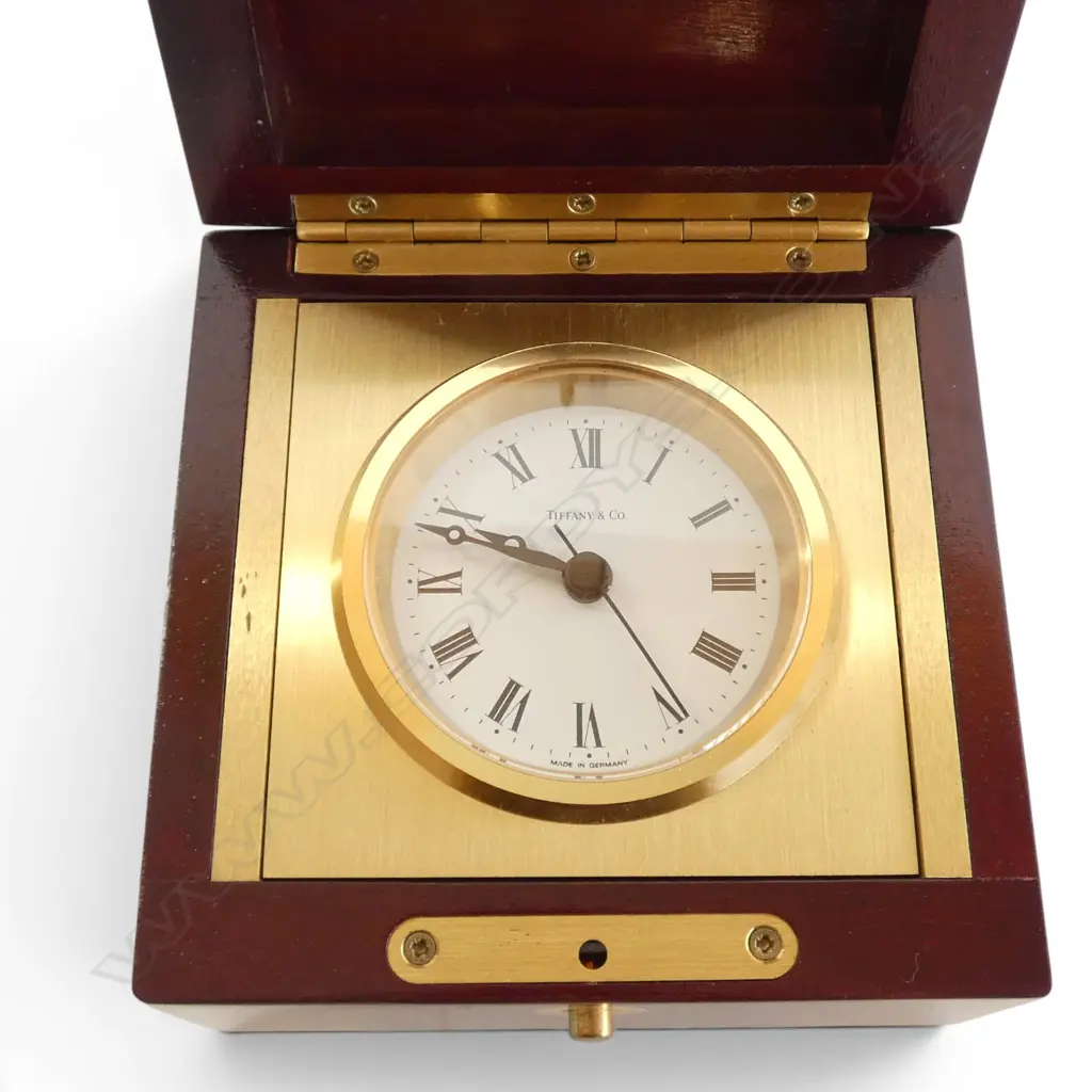 TIFFANY & CO FOLDING TRAVEL CLOCK IN WOOD & BRASS CASE GERMAN QUARTZ MOVEMENT WORKING Image 1++