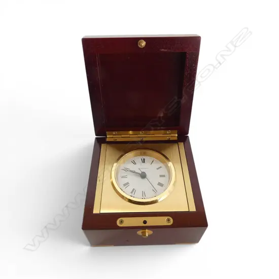 TIFFANY & CO FOLDING TRAVEL CLOCK IN WOOD & BRASS CASE GERMAN QUARTZ MOVEMENT WORKING