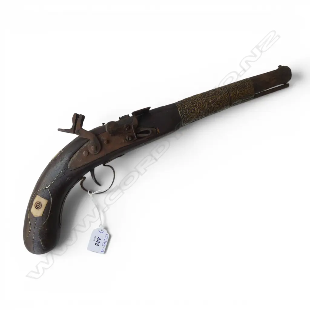 OLD REPLICA FLINTLOCK PISTOL WITH ENGRAVED BONE INLAY L.430MM Image 1++