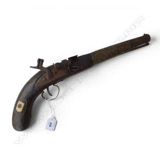 OLD REPLICA FLINTLOCK PISTOL WITH ENGRAVED BONE INLAY L.430MM