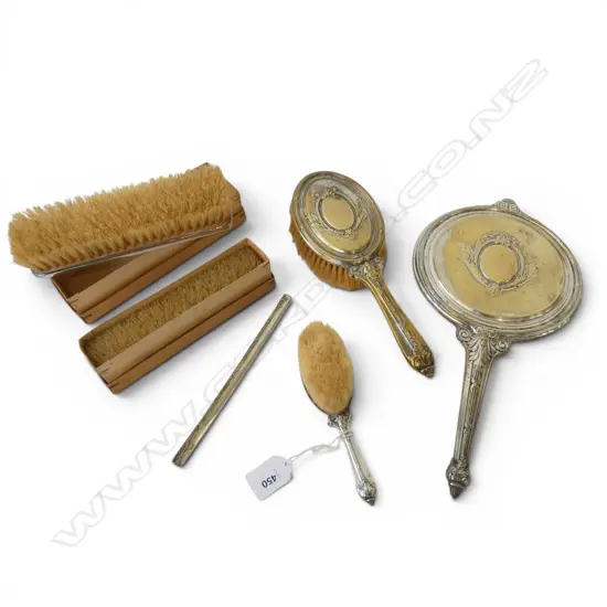 6PC  EDWARDIAN SILVER PLATED DRESSING TABLE SET; 4 BRUSHES, MIRROR & COMB HOLDER