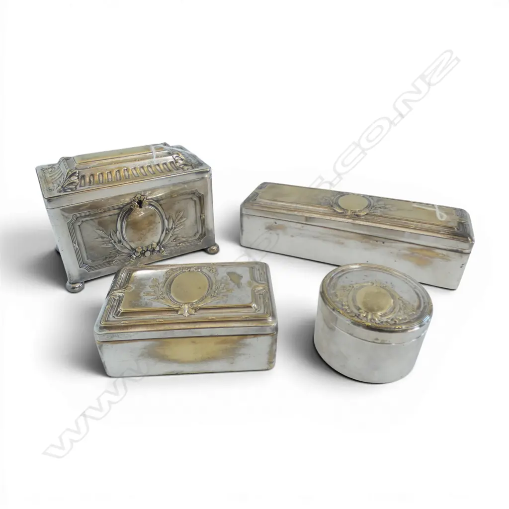 4 EDWARDIAN SILVER PLATED DRESSING TABLE BOXES  L230MM LONGEST H120MM TALLEST Image 1++