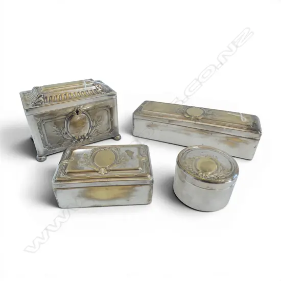 4 EDWARDIAN SILVER PLATED DRESSING TABLE BOXES  L230MM LONGEST H120MM TALLEST