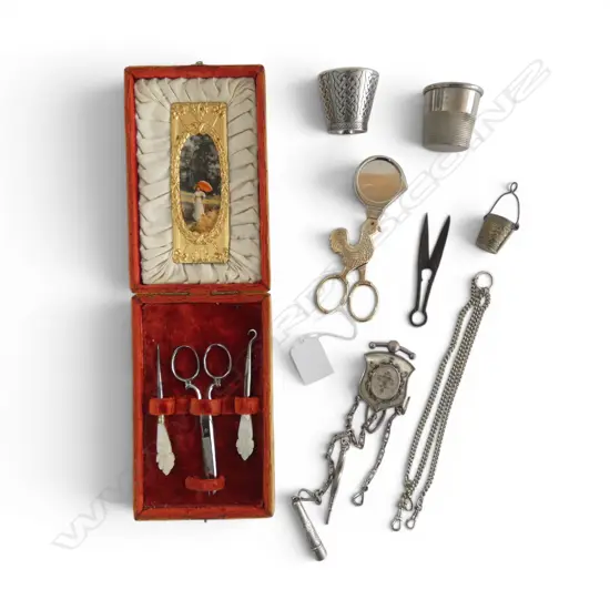 SILVER TONE & MoP CHATELAINE, VELVET CASED DRESSING SET ETC
