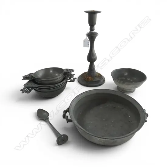 SELECTION ANTIQUE PEWTER: candlestick + lge dish + 8 handled bowls + another + Art Nouveau spoon