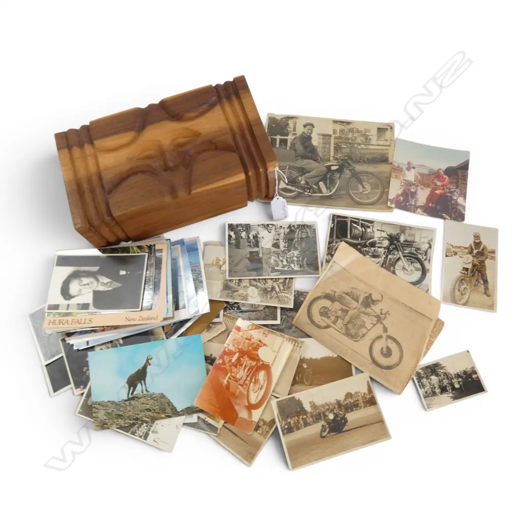CARVED WOODEN BOX W.285mm w. ASST. POSTCARDS & OLD PHOTOS (MOTORCYCLING) ETC Image 1++