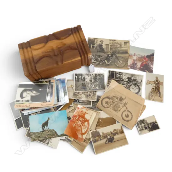 CARVED WOODEN BOX W.285mm w. ASST. POSTCARDS & OLD PHOTOS (MOTORCYCLING) ETC