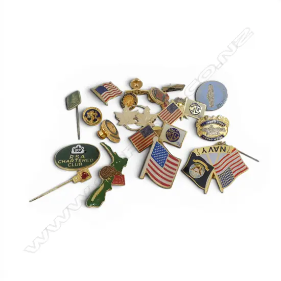 ASST MILITARY BADGES + PINS ETC;