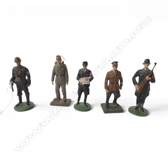 5 HAND-PAINTED SOLID CAST WW2 SOLDIERS one marked hess, each with swastika H.120mm