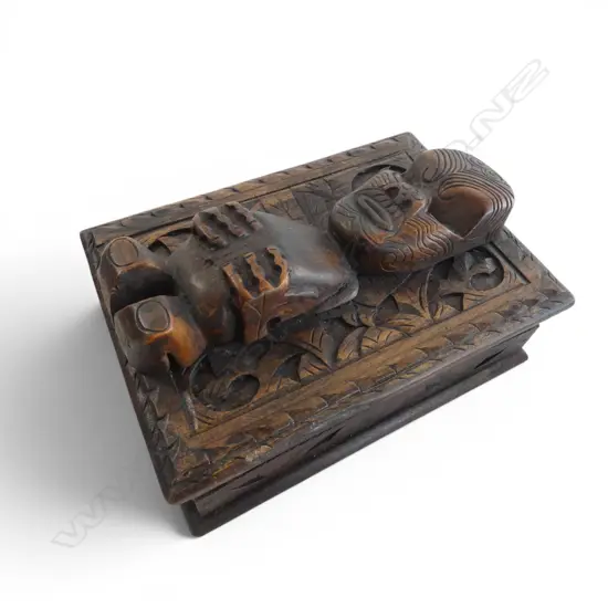 WOOD CARVED MAORI TEKOTEKO MUSIC BOX 125x180x100mm