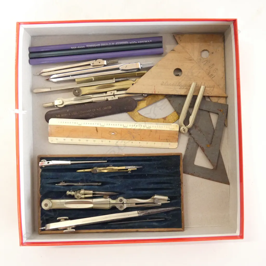 VINTAGE DRAFTSMAN’S TECHNICAL DRAWING INSTRUMENTS RULES, PROTRACTOR, COMPASSES ETC Image 1++