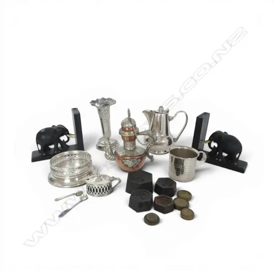  COLLECTABLES, ELEPHANT BOOK ENDS, SILVER PLATE & VINTAGE WEIGHTS