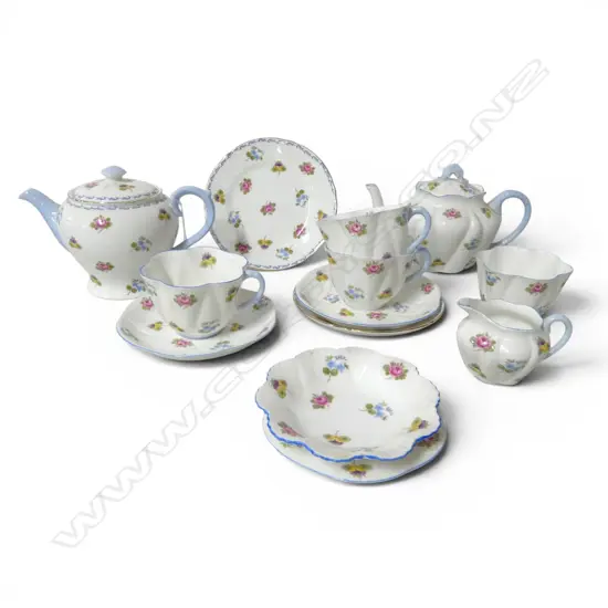 2 PERSON SHELLEY CHINA TEASET ROSE PAT EXTRA TEAPOT CSP & 2 DISHES