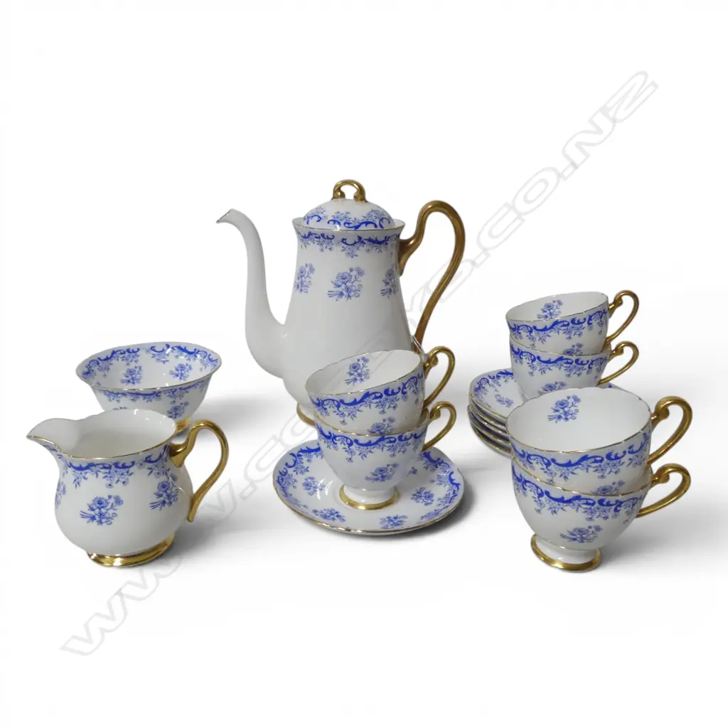 SHELLEY CHINA COFFEE SET COFFEE POT C/SUGAR 6CS BLUE FLORAL PAT Image 1++