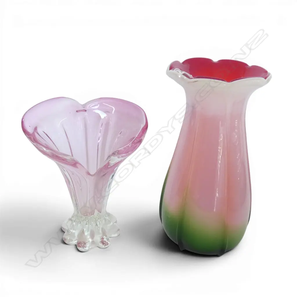 2 PINK GLASS STUDIO VASES H300 & 230MM Image 1++