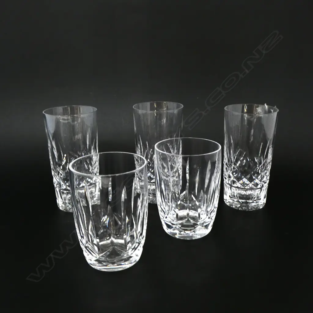 5 WATERFORD CRYSTAL GLASSES; 3x H.145mm (1 w. TINY RIM CHIP), 2x H.110mm Image 1++
