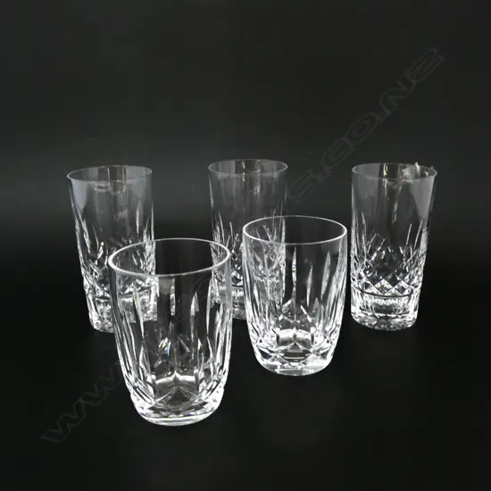 5 WATERFORD CRYSTAL GLASSES; 3x H.145mm (1 w. TINY RIM CHIP), 2x H.110mm