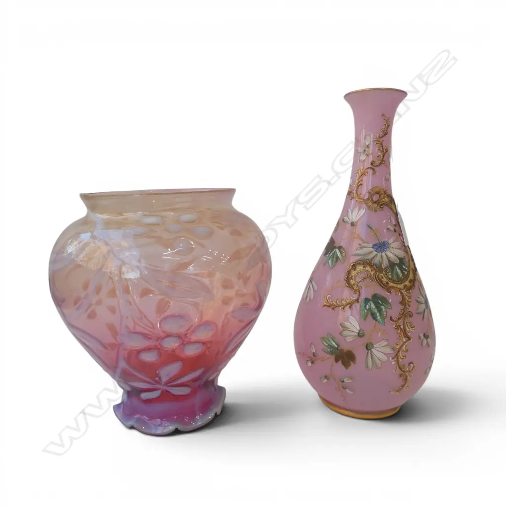 EDWARDIAN CRANBERRY GLASS LAMP SHADE & PINK GLASS VASE H340MM Image 1++