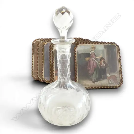 CRYSTAL DECANTER & 8 VINTAGE GLASS PLACEMATS w VICTORIAN SCENES
