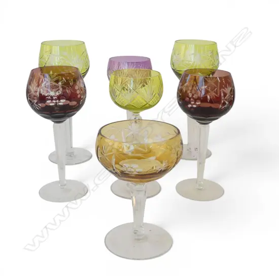 7 MIXED CONINENTAL COLOURED WINE GLASSES H200MM TALLEST