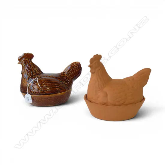 2 CHICKEN SHAPED EGG HOLDERS, GLAZED by PRICE KENSINGTON & TERRACOTTA