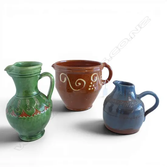 3 GLAZED EARTHENWARE JUGS H.180mm