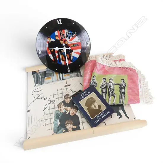 4 PCS BEATLE MEMROBILIA  CLOCK DIA300MM ROLL OF VINTAGE WALLPAPER  TABLE CLOTH & BOOK ON JOHN LENNON 