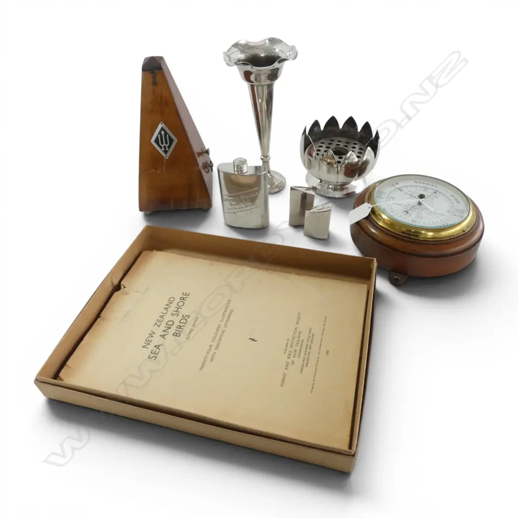 7 ITEMS; BAROMETER, METRONOME, 2 EP VASES, HIP FLASK, S/P, NZ SEA & SHORE BIRDS PRINTS 1953  Image 1++