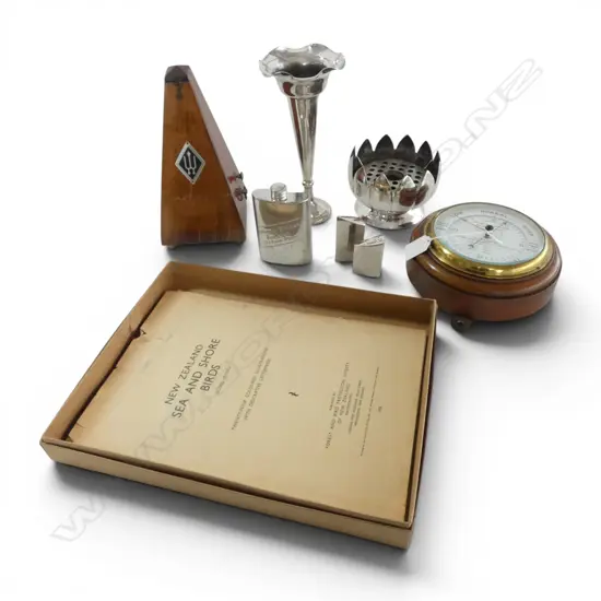 7 ITEMS; BAROMETER, METRONOME, 2 EP VASES, HIP FLASK, S/P, NZ SEA & SHORE BIRDS PRINTS 1953 