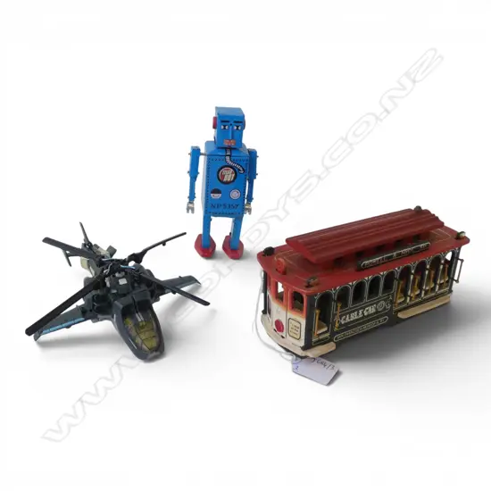 3 TOYS; TRANSFORMER HELICOPTER, ROBOT, CABLE CAR L.190mm