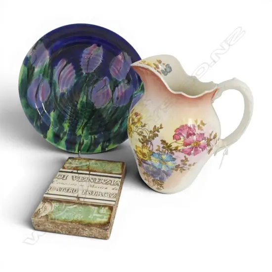 MORRIS & JAMES PLATE 365mm dia, SID DICKENS TILE, WASH JUG H.300mm