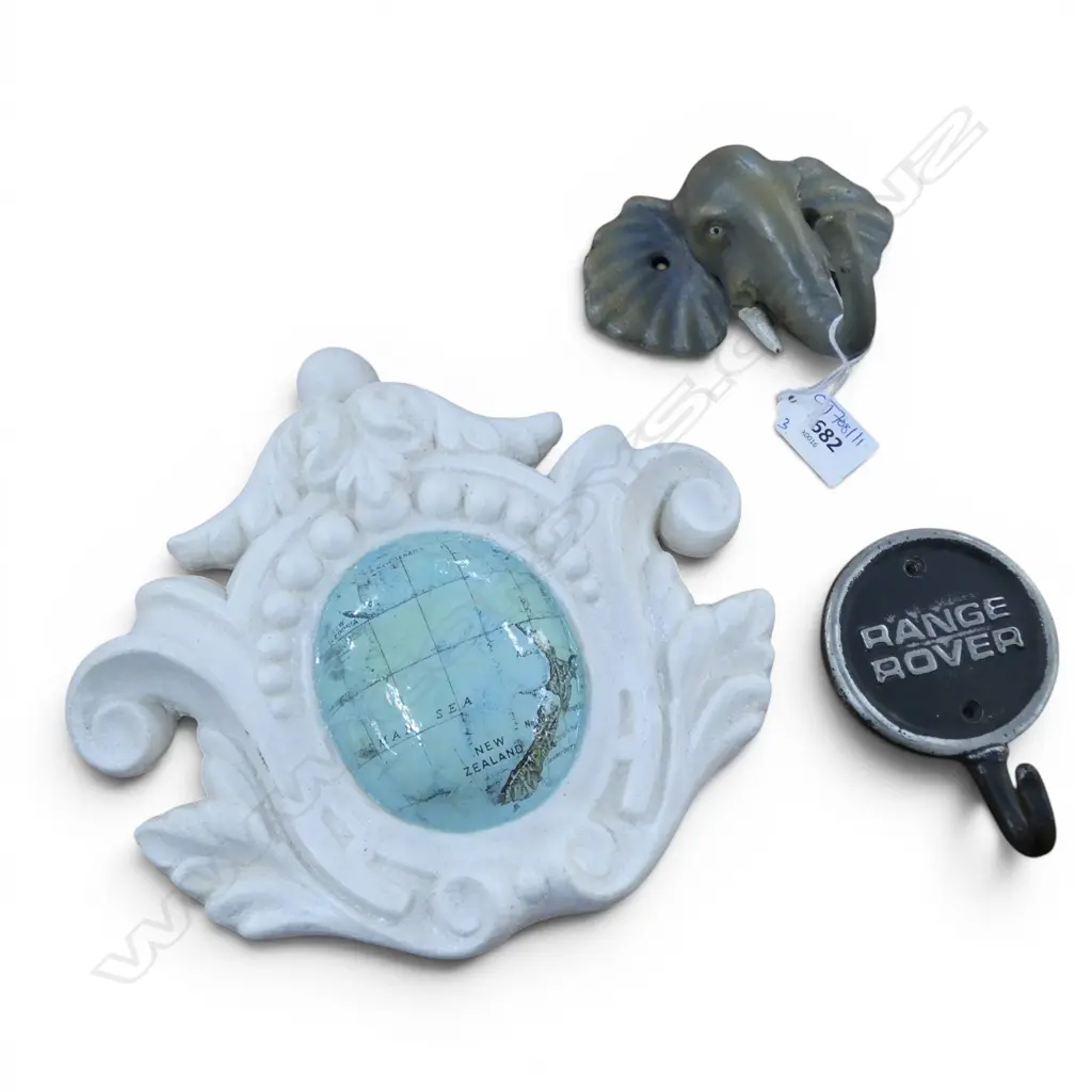 2 CAST IRON WALL HOOKS; ELEPHANT W.120mm, RANGE ROVER + EMILY THOMAS CARTOUCHE WALL ART Image 1++