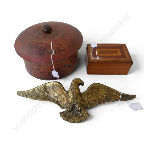 2 WOODEN BOXES DIA 250MM LARGEST & BRASS WALL EAGLE
