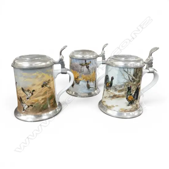3 KAISER PORCLAIN PAINTED  PEWTER LIDDED BEER STIENS H170MM