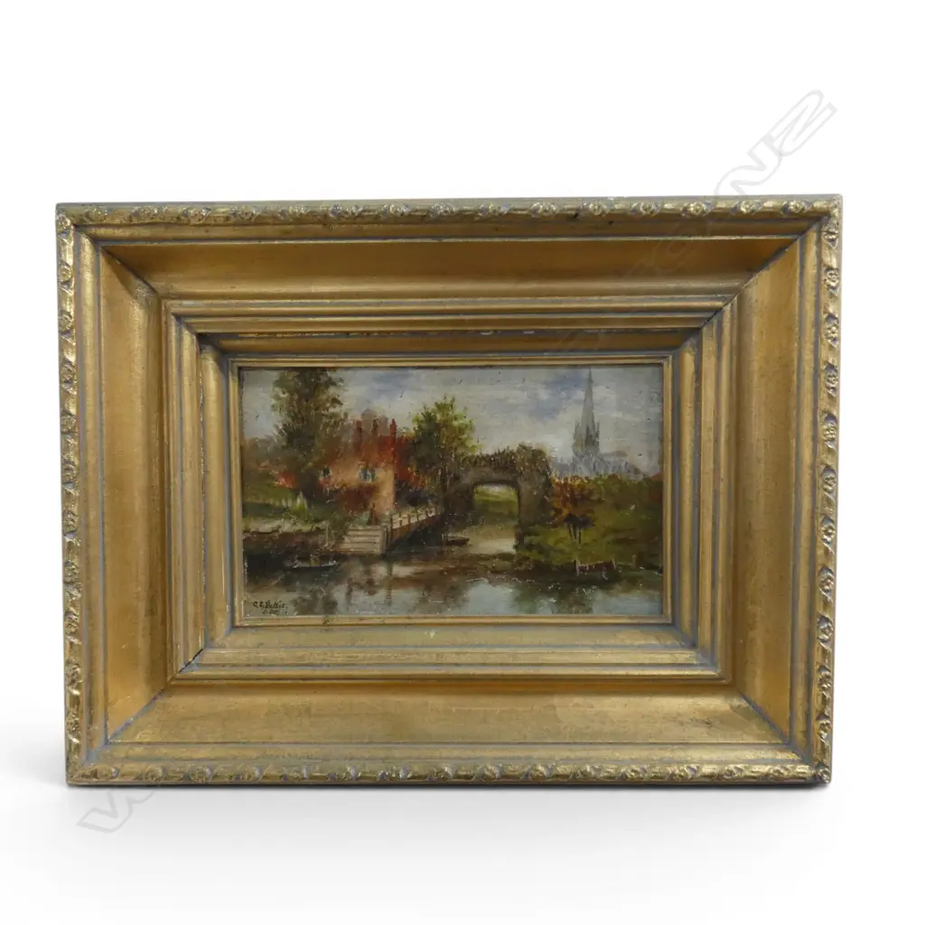 C.E. PETTIT, EUROPEAN RIVER SIDE, OIL ON BOARD, 130x220mm Image 1++