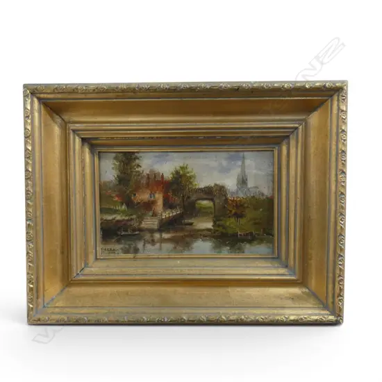C.E. PETTIT, EUROPEAN RIVER SIDE, OIL ON BOARD, 130x220mm