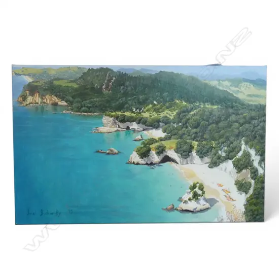 JANET BOTHNER-BY 'CATHEDRAL COVE' ACRYLIC ON CANVAS, 2010 250x400mm