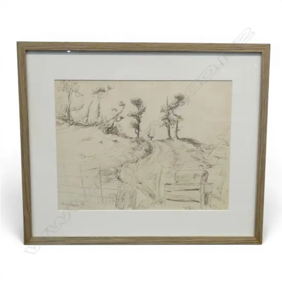 ERIC LEE JOHNSON, FARM GATE SCENE, INK ON PAPER, SIGNED, 210 x 280mm