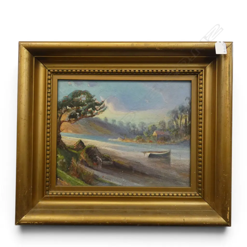 ARTIST UNKNOWN, RIVER LANDSCAPE WITH DINGHY, OIL ON BOARD, 270 X 345MM Image 1++