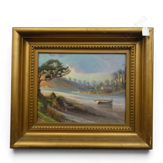 ARTIST UNKNOWN, RIVER LANDSCAPE WITH DINGHY, OIL ON BOARD, 270 X 345MM
