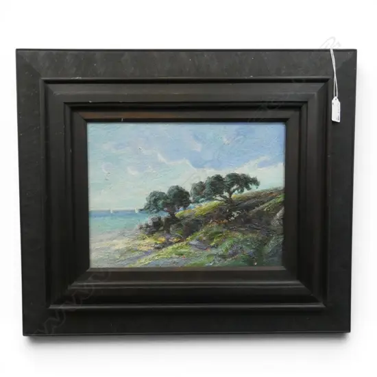 ARTIST UNKNOWN, COASTAL LANDSCAPE WITH POHUTUKAWA, OIL ON BOARD, 215 X 295mm