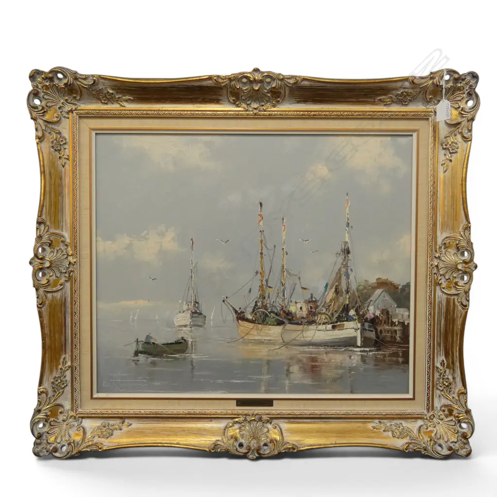 ERICH JOSEF ZIMMERMANN, FISHING BOAT AT WHARF, OIL ON CANVAS, SIGNED 490x590mm Image 1++