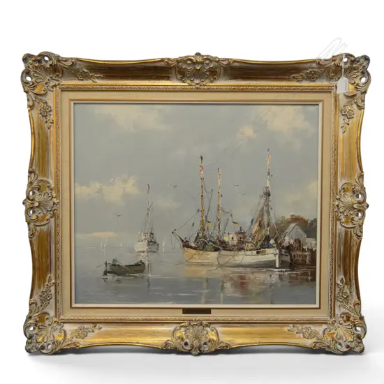 ERICH JOSEF ZIMMERMANN, FISHING BOAT AT WHARF, OIL ON CANVAS, SIGNED 490x590mm