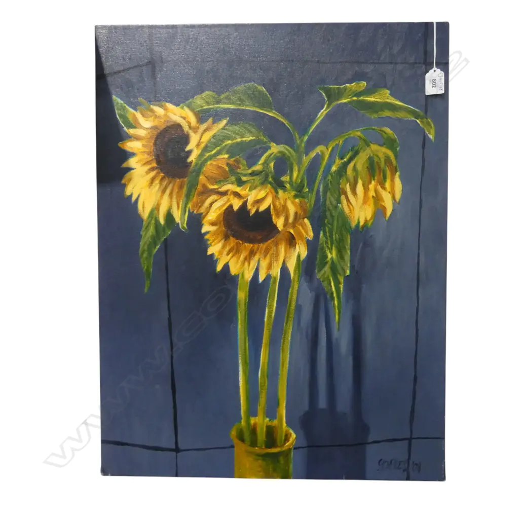 ROGER STAPLES, 'SUNFLOWERS' (DOUBLE SIDED WITH ROSES VERSO), OIL ON CANVAS, 665 X 505mm Image 1++