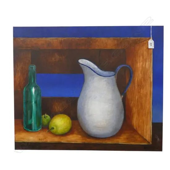 ROGER STAPLES, STILL LIFE WITH WHITE JUG, OIL ON CANVAS, 510 x 610mm