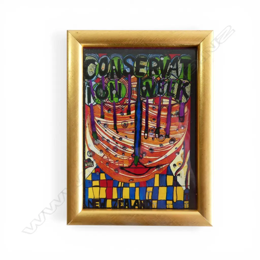 Frederick Hundertwasser print 'Conservation Week' w metallic foil overlay 145 x 105mm + newspaper clippings etc Image 1++