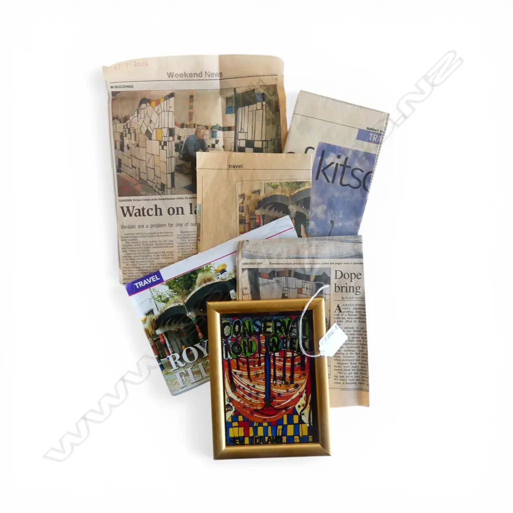 Frederick Hundertwasser print 'Conservation Week' w metallic foil overlay 145 x 105mm + newspaper clippings etc Image 1++