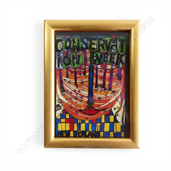 Frederick Hundertwasser print 'Conservation Week' w metallic foil overlay 145 x 105mm + newspaper clippings etc